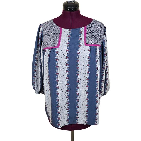Matilda Jane Tops - Women's Matilda Jane Blue Floral Striped Puff Sleeve Blouse | Size Large
